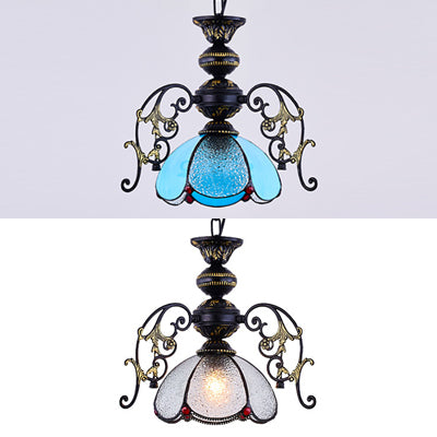 Vintage Black Finish Tiffany Petal Pendant Lamp - Stained Glass Hanging Light 1-Light Clear/Blue