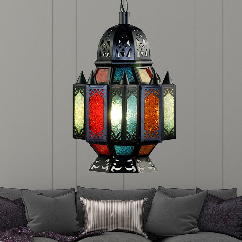 Black Carved Pendant Lamp: Arab Metal Suspended Light Fixture For Dining Room - 1 Bulb