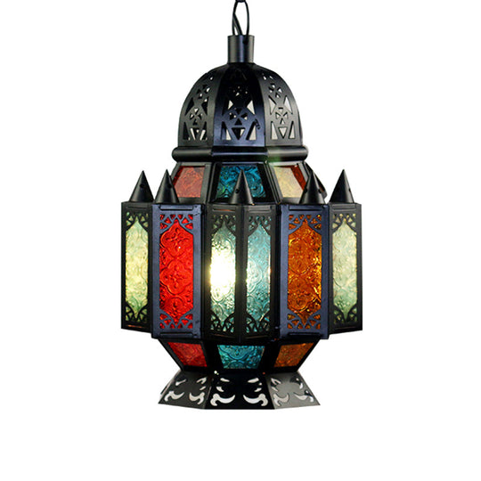 Black Carved Pendant Lamp: Arab Metal Suspended Light Fixture For Dining Room - 1 Bulb