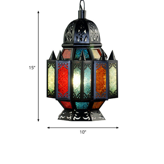 Black Carved Pendant Lamp: Arab Metal Suspended Light Fixture For Dining Room - 1 Bulb