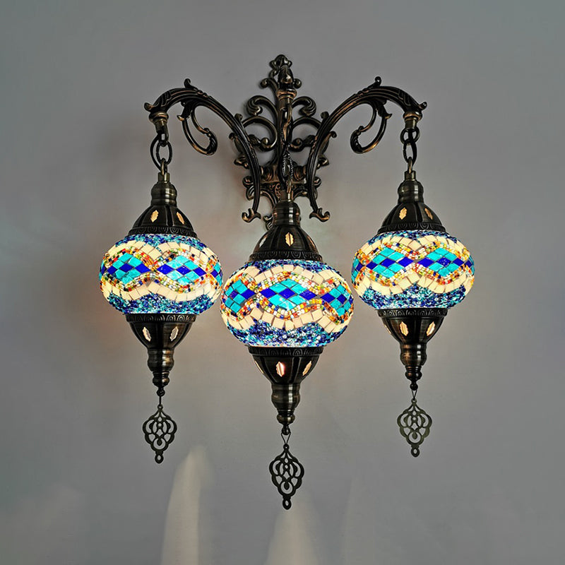 Traditional 3-Head Oval Hand Cut Glass Wall Light In White/Red/Yellow For Living Room Sconce Blue