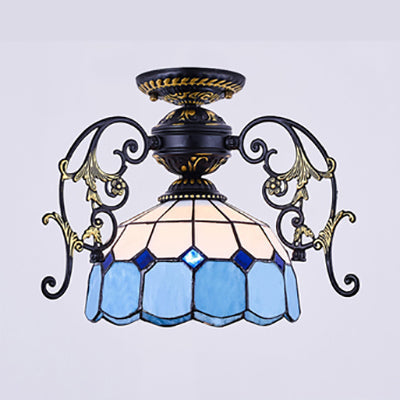 Domed Semi Flush Grid Stained Glass Ceiling Light - Black/White