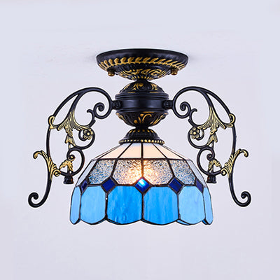 Domed Semi Flush Grid Stained Glass Ceiling Light - Black/White