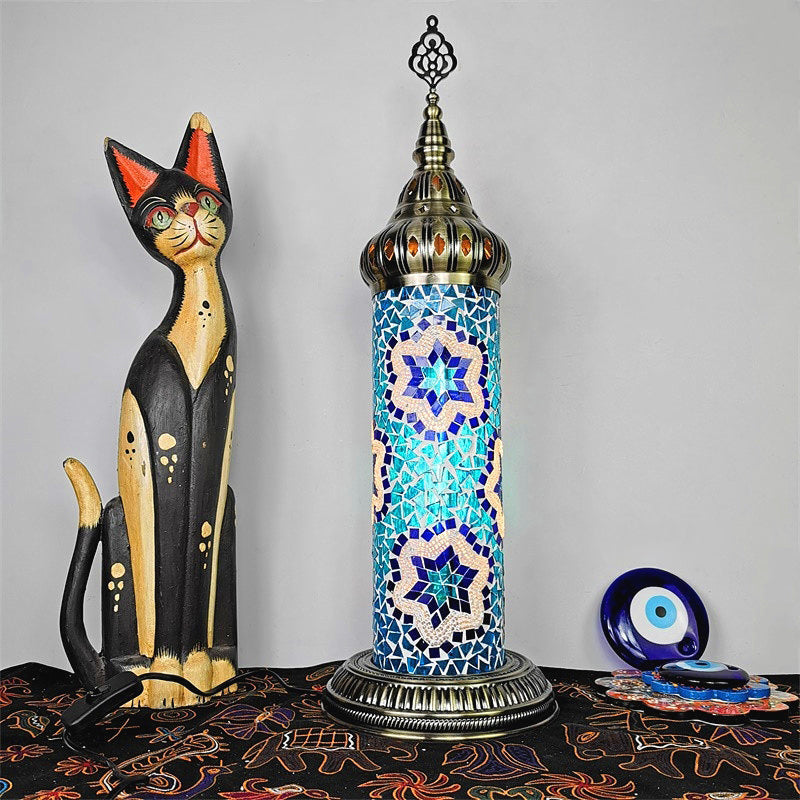 Stained Glass Cylinder Bedroom Table Lamp With Led Night Light - Traditional Design In