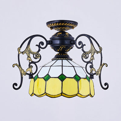 Domed Semi Flush Grid Stained Glass Ceiling Light - Black/White