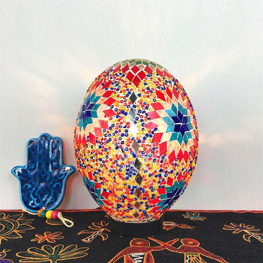 Egg Shaped Hand Rolled Art Glass Night Light - Traditional Bedroom Lamp (1 White/Red/Blue)