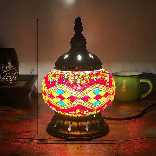 Stained Glass Table Lamp: Red/Yellow/Orange Sphere Traditional 1-Head Task Lighting For Bedroom