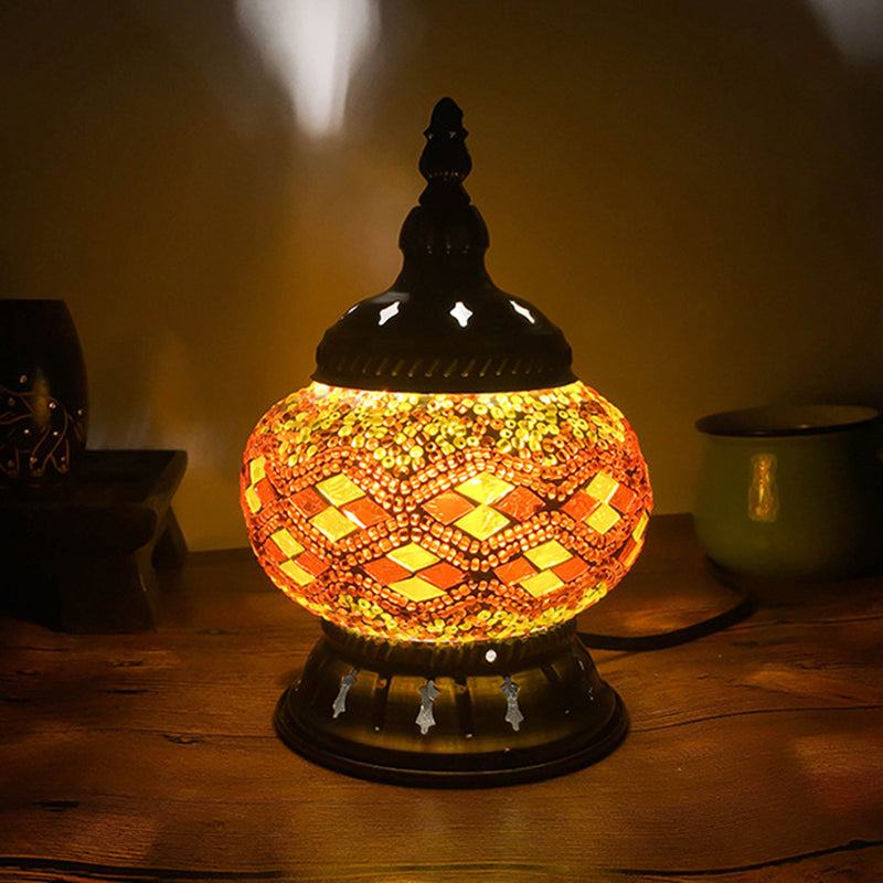 Stained Glass Table Lamp: Red/Yellow/Orange Sphere Traditional 1-Head Task Lighting For Bedroom