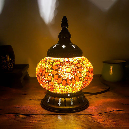 Stained Glass Table Lamp: Red/Yellow/Orange Sphere Traditional 1-Head Task Lighting For Bedroom