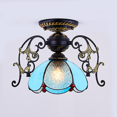 Blue/Clear Mini Flushmount with Petal Shade Tiffany 1 Light in Black Finish for Balcony