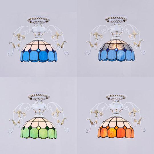 White Semi Flush Tiffany Style Ceiling Light with Stained Glass Dome Shade- 1 Light, Yellow/Orange/Green/Blue-Clear/Blue