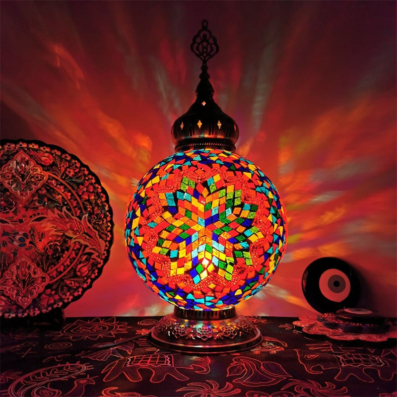 Stained Art Glass Table Lamp - Traditional Globe Style With White/Red/Yellow Colors For Bedroom