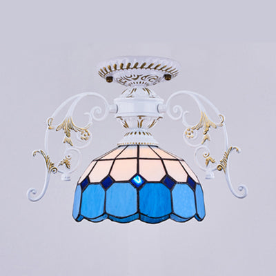 White Semi Flush Tiffany Style Ceiling Light with Stained Glass Dome Shade- 1 Light, Yellow/Orange/Green/Blue-Clear/Blue