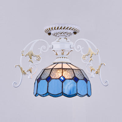 White Semi Flush Tiffany Style Ceiling Light with Stained Glass Dome Shade- 1 Light, Yellow/Orange/Green/Blue-Clear/Blue