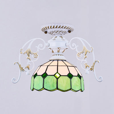 White Semi Flush Tiffany Style Ceiling Light with Stained Glass Dome Shade- 1 Light, Yellow/Orange/Green/Blue-Clear/Blue