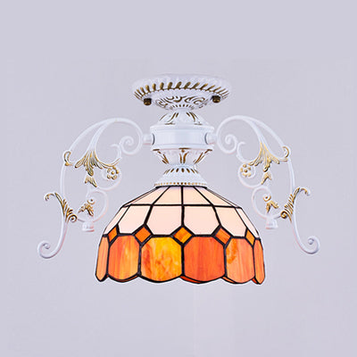 White Semi Flush Tiffany Style Ceiling Light with Stained Glass Dome Shade- 1 Light, Yellow/Orange/Green/Blue-Clear/Blue