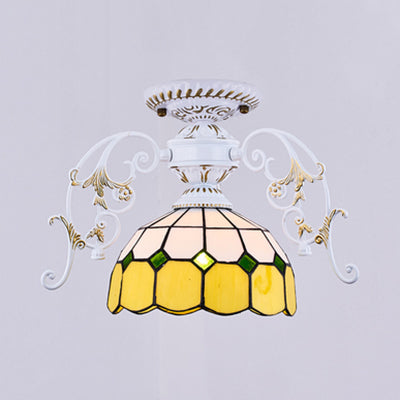 White Semi Flush Tiffany Style Ceiling Light with Stained Glass Dome Shade- 1 Light, Yellow/Orange/Green/Blue-Clear/Blue