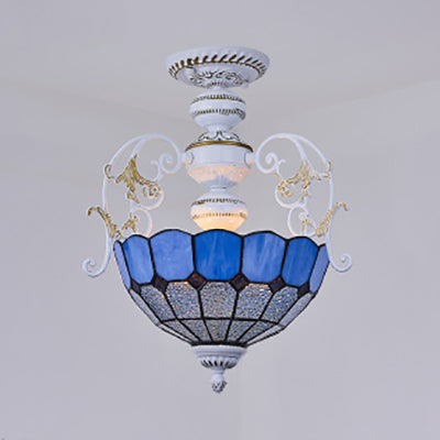 2-Bulb Bowl Semi Flush Light in White with Tiffany Stained Glass in Various Colors