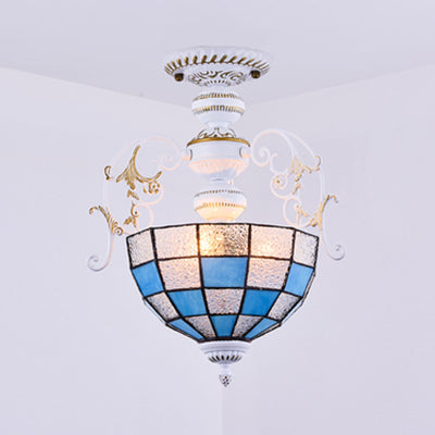 2-Bulb Bowl Semi Flush Light in White with Tiffany Stained Glass in Various Colors