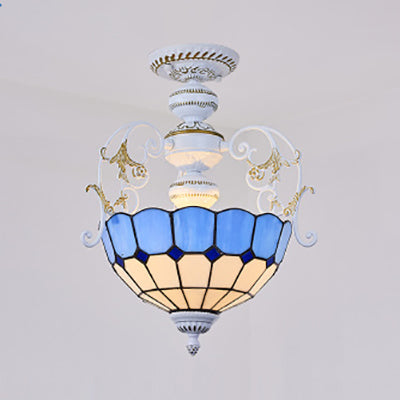 2-Bulb Bowl Semi Flush Light in White with Tiffany Stained Glass in Various Colors