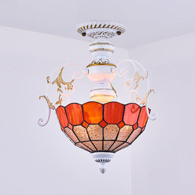 2-Bulb Bowl Semi Flush Light in White with Tiffany Stained Glass in Various Colors