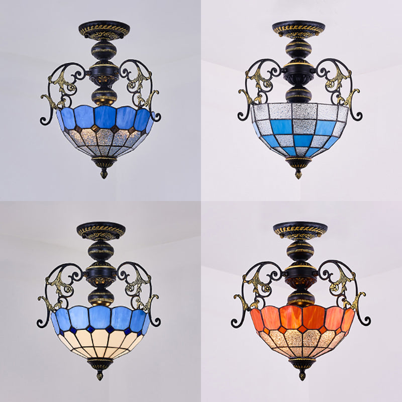 Rustic Bowl Ceiling Light Fixture - Stained Glass Semi Flush Light with Square/Blue and Diamond Designs - Black/White Finish