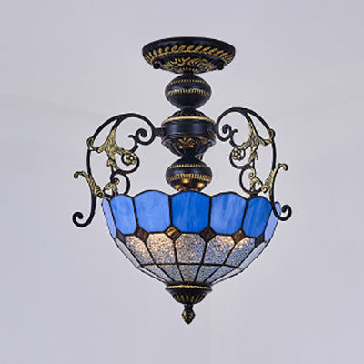 Rustic Stained Glass Ceiling Light Fixture With Square/Blue Diamond/Red Diamond Design - Semi Flush