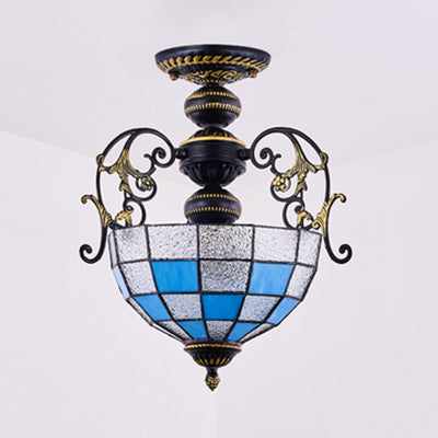 Rustic Stained Glass Ceiling Light Fixture With Square/Blue Diamond/Red Diamond Design - Semi Flush