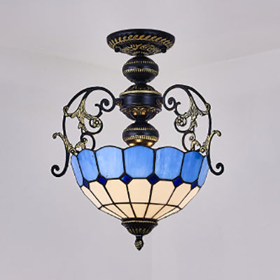 Rustic Stained Glass Ceiling Light Fixture With Square/Blue Diamond/Red Diamond Design - Semi Flush