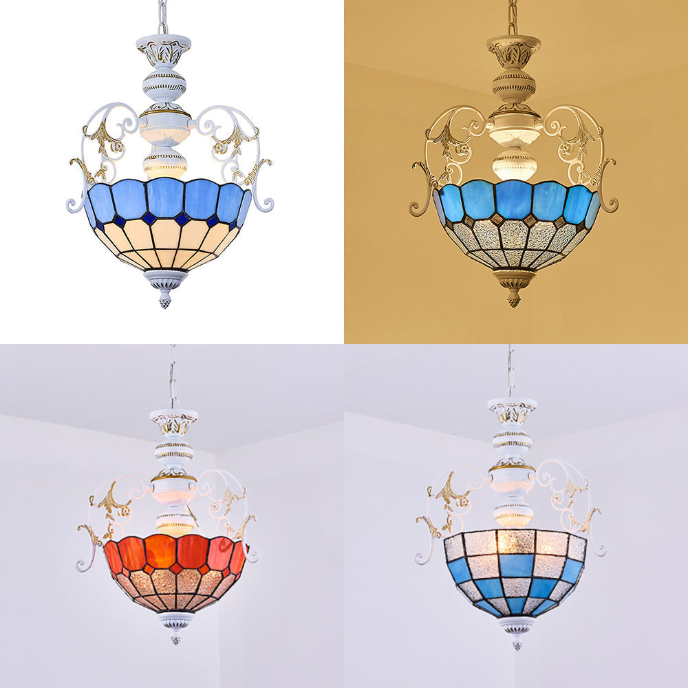 White Finish Tiffany Style Pendant Lamp with Stained Glass, Diamond & Blue/Red Square Accents - 2 Bulb Suspension Light