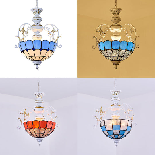 Tiffany-Style Stained Glass Pendant Lamp With White Finish Bowl And Multiple Color Options