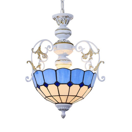 Tiffany-Style Stained Glass Pendant Lamp With White Finish Bowl And Multiple Color Options / Blue