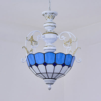 White Finish Tiffany Style Pendant Lamp with Stained Glass, Diamond & Blue/Red Square Accents - 2 Bulb Suspension Light