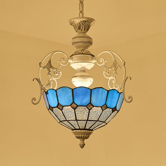 White Finish Tiffany Style Pendant Lamp with Stained Glass, Diamond & Blue/Red Square Accents - 2 Bulb Suspension Light