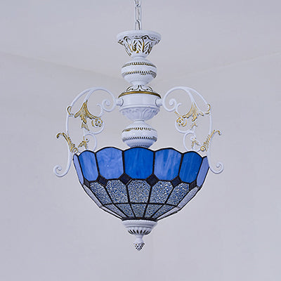 White Finish Tiffany Style Pendant Lamp with Stained Glass, Diamond & Blue/Red Square Accents - 2 Bulb Suspension Light