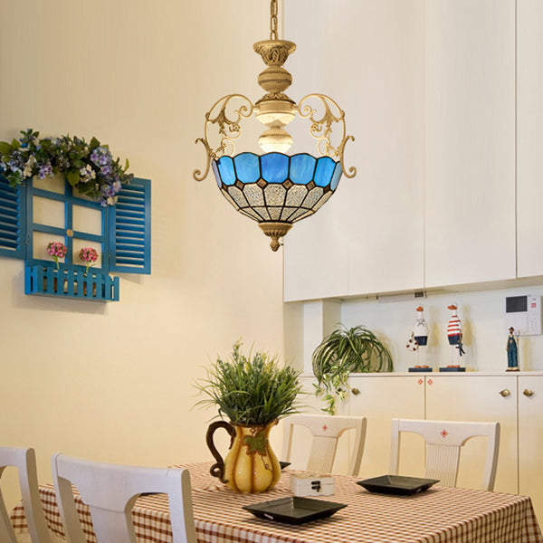 White Finish Tiffany Style Pendant Lamp with Stained Glass, Diamond & Blue/Red Square Accents - 2 Bulb Suspension Light