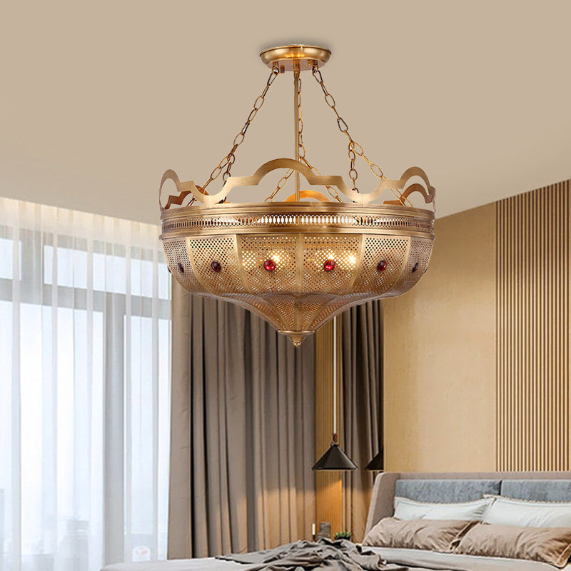 Art Deco Metal Hollow Brass Semi Flush Mount Ceiling Lamp - 6 Lights, Living Room Lighting