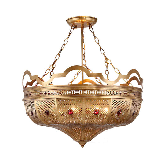 Art Deco Metal Hollow Brass Semi Flush Mount Ceiling Lamp - 6 Lights, Living Room Lighting