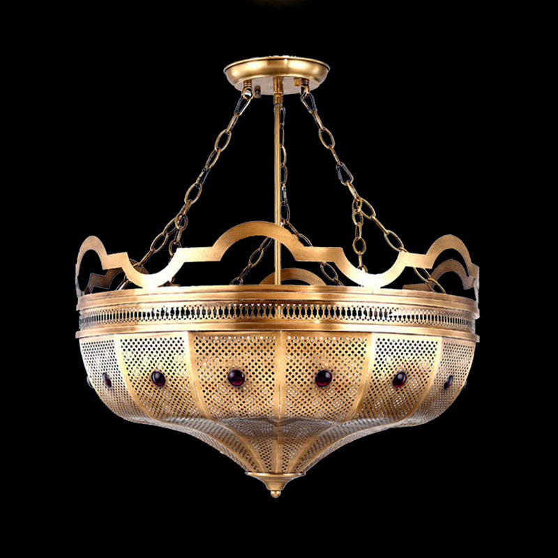 Art Deco Metal Hollow Brass Semi Flush Mount Ceiling Lamp - 6 Lights, Living Room Lighting