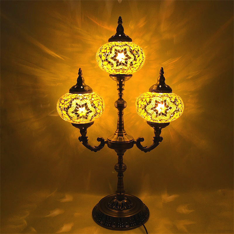 Traditional Stained Glass Bedroom Table Lamp - Oval Shape Yellow/Blue 3-Headed Small Desk Yellow