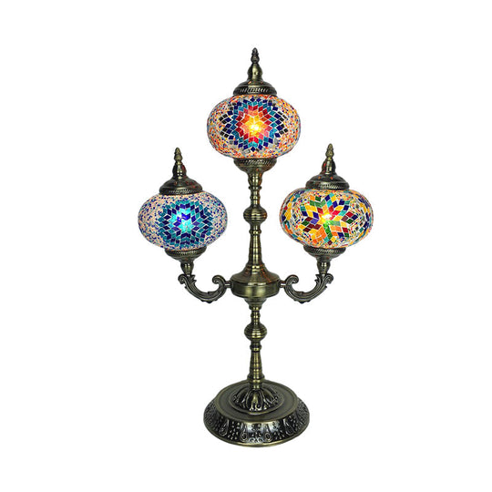 Traditional Stained Glass Bedroom Table Lamp - Oval Shape Yellow/Blue 3-Headed Small Desk