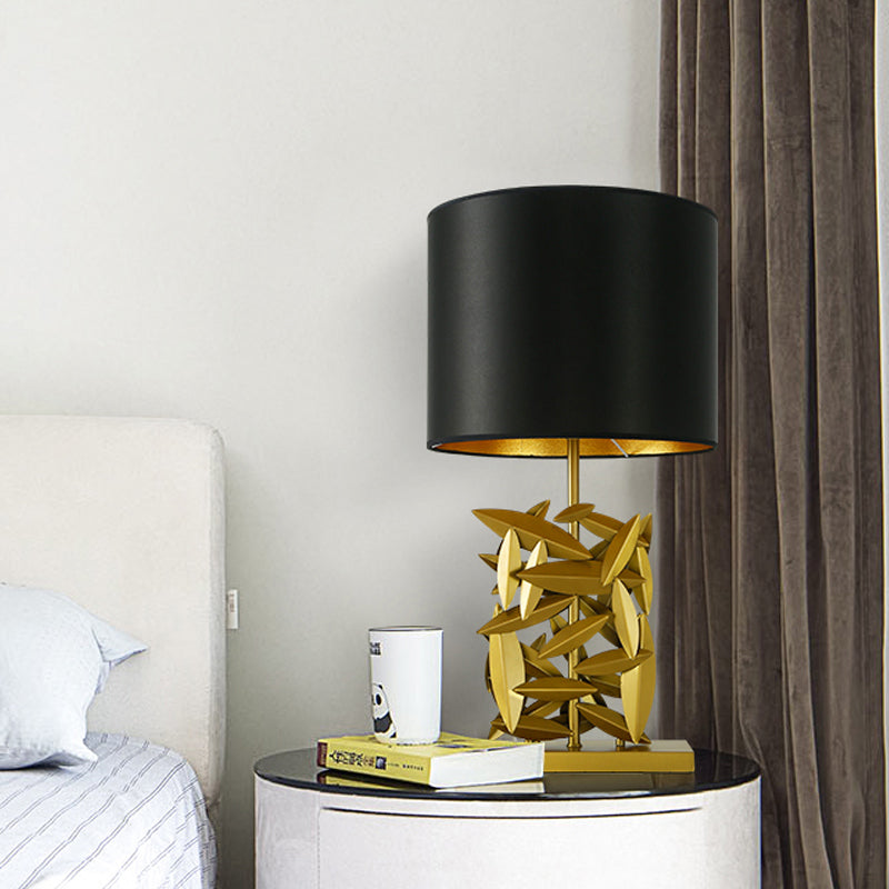 Modern Black Barrel Table Light With Fabric Shade And Gold Metal Base