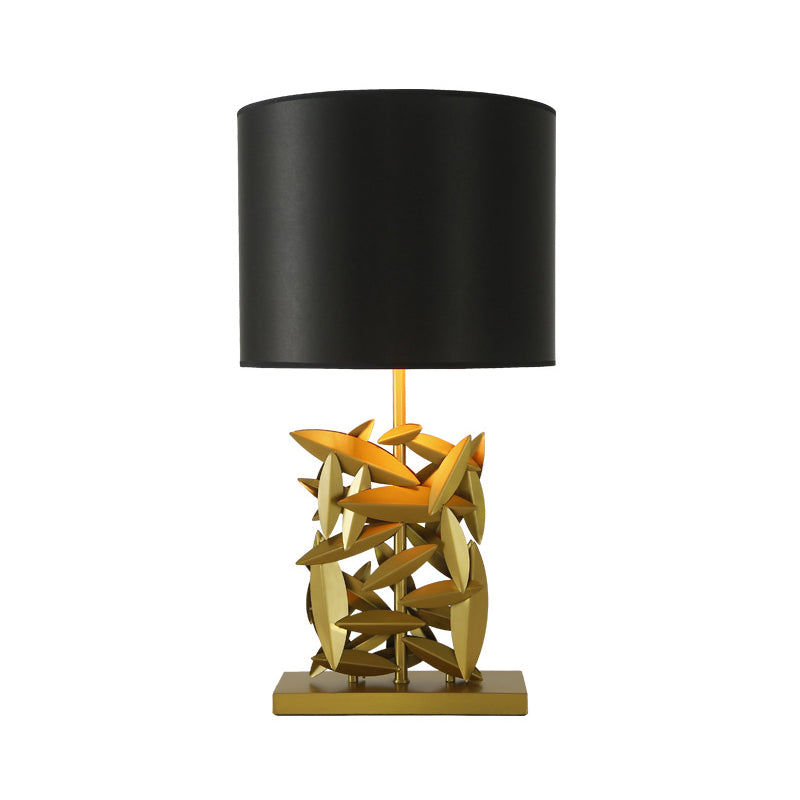 Modern Black Barrel Table Light With Fabric Shade And Gold Metal Base