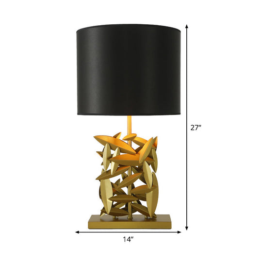 Modern Black Barrel Table Light With Fabric Shade And Gold Metal Base