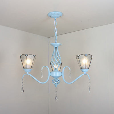 Traditional Stained Glass Foyer Pendant Light - 3-Light Conical Ceiling Chandelier with Crystal Accents, White/Blue/Clear