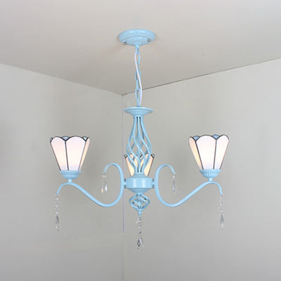 Traditional Stained Glass Foyer Pendant Light - 3-Light Conical Ceiling Chandelier with Crystal Accents, White/Blue/Clear