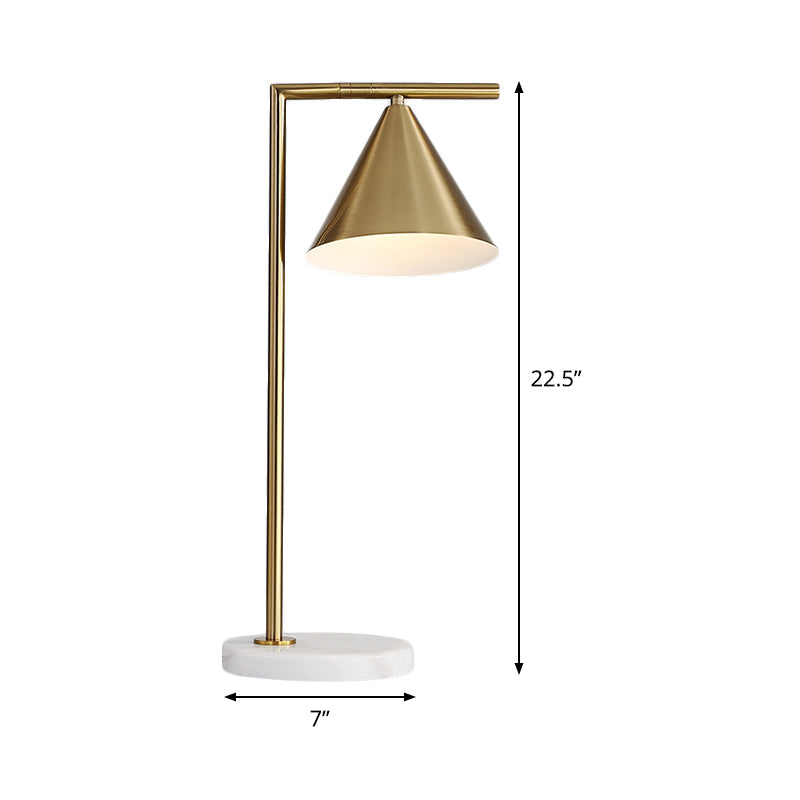 Modernist Gold Small Desk Lamp With Cone Metal Shade - 1 Bulb Bedside Task Lighting