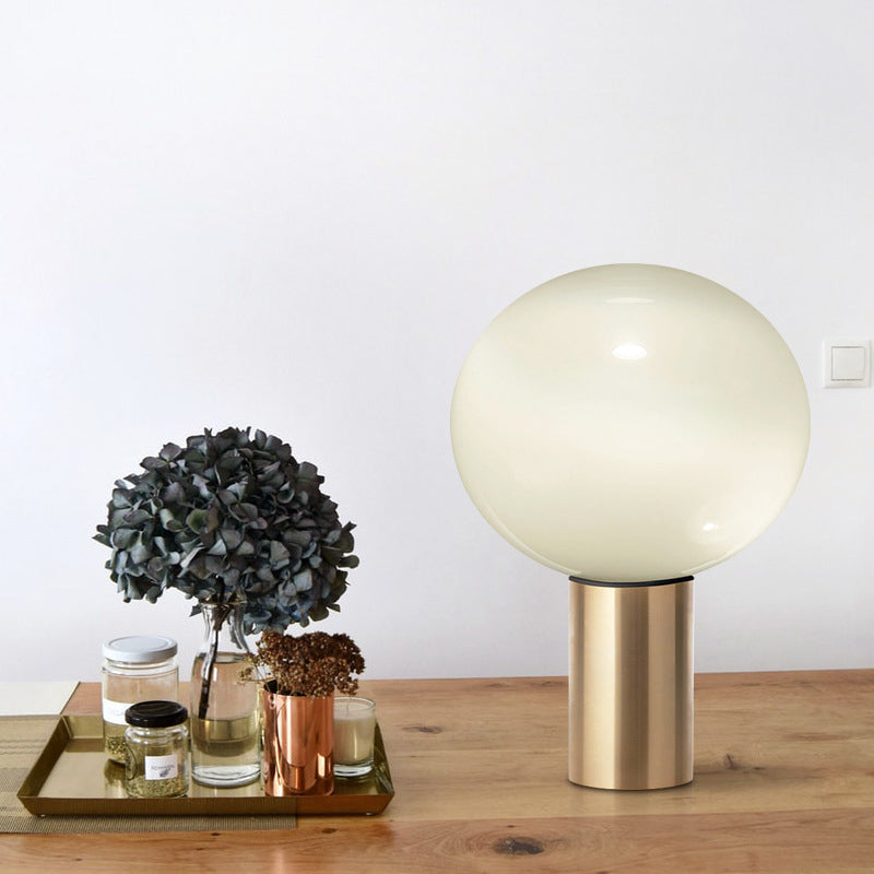 Contemporary White Glass Brass Nightstand Lamp - Global Table Light (6/10/14 Wide)