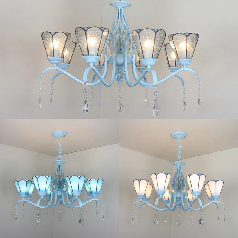 Clear Crystal Tiffany Stained Glass Cone Chandelier with 8 Hanging Lights in Blue/White/Clear