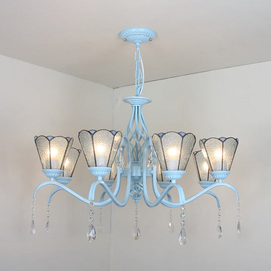 Clear Crystal Tiffany Stained Glass Cone Chandelier with 8 Hanging Lights in Blue/White/Clear